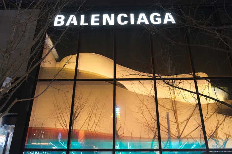 Facade of Balenciaga store sign at night