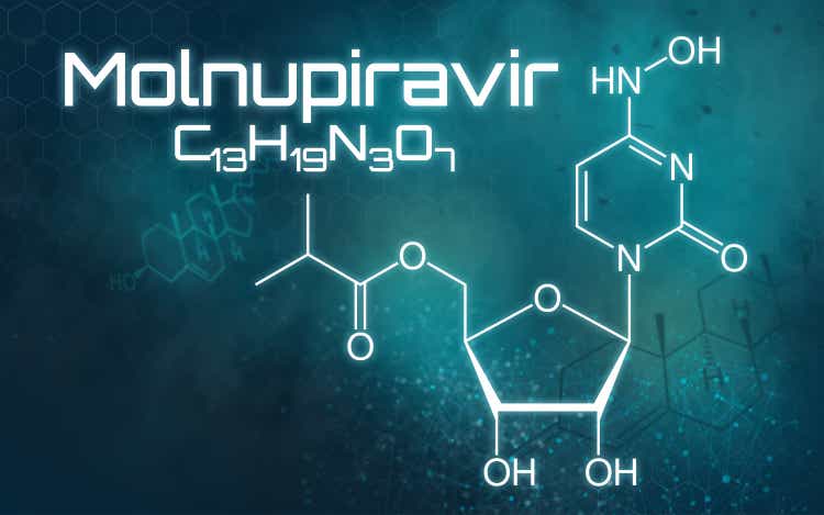 Chemical formula of Molnupiravir on a futuristic background