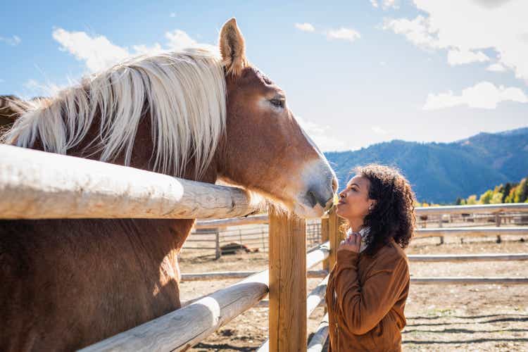 Young woman in western corral with horse