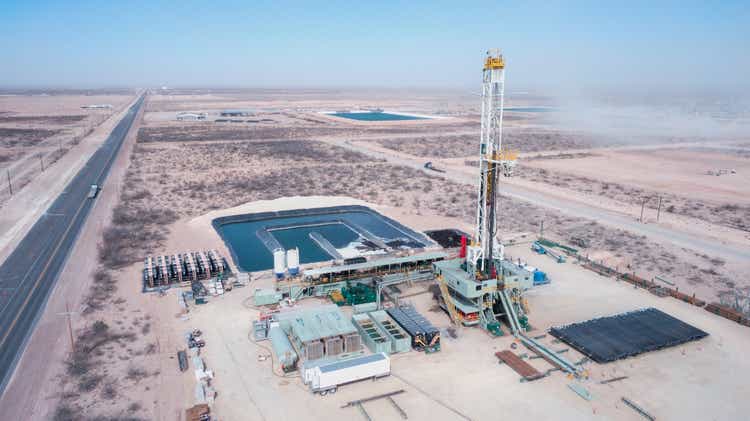 Drone View Of An Oil Or Gas Drill Fracking Rig Pad