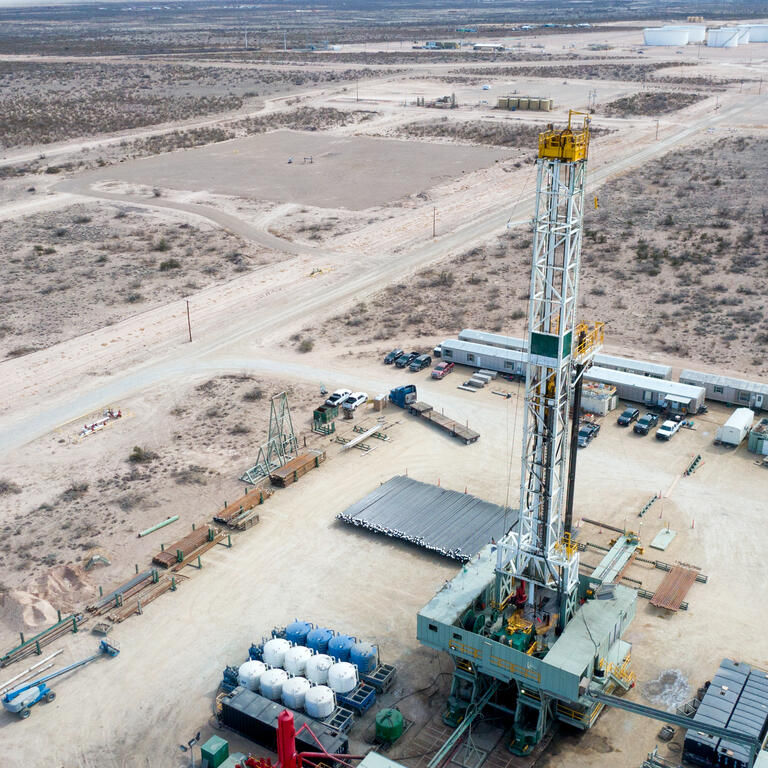Drone View Of An Oil Or Gas Drill Fracking Rig Pad