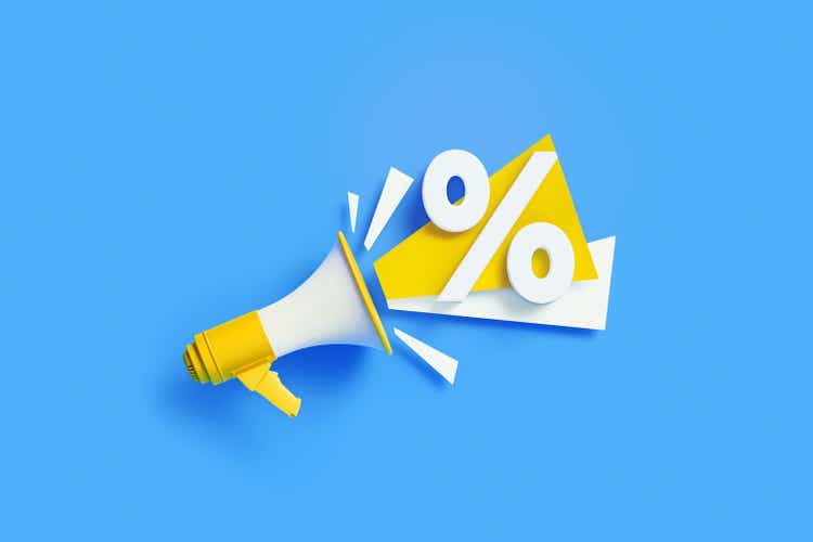 Percentage Sign Coming Out From Yellow Megaphone On Blue Background