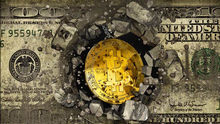 Concept of bitcoin destroying the concrete wall with dollar graffiti, 3d illustration