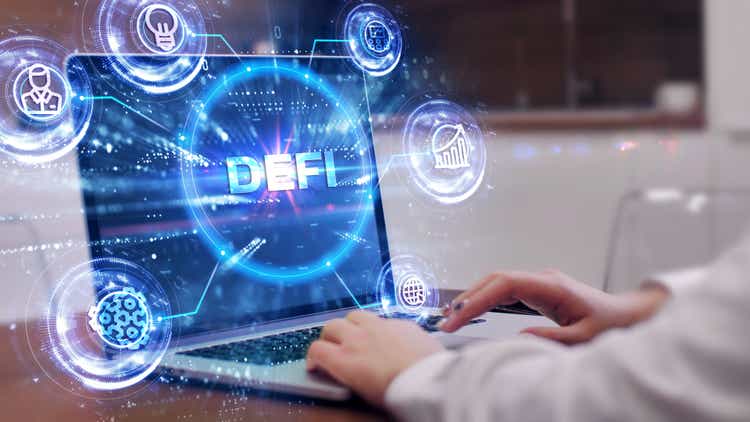 DeFi -Decentralized Finance on dark blue abstract polygonal background. Concept of blockchain, decentralized financial system.