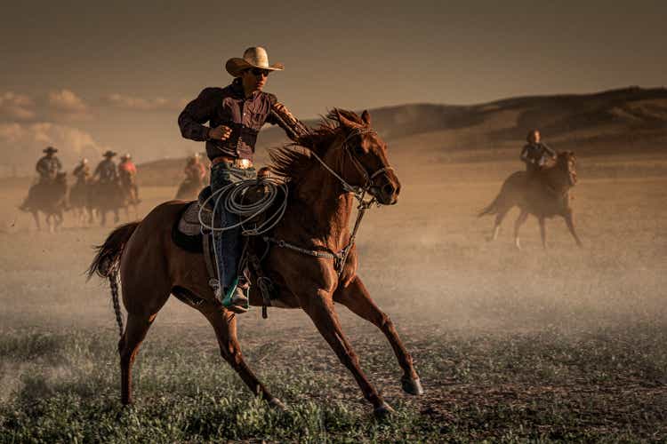 In foreground, a young cowboy on his horse during the run of the horses and, in background, a group of six cowboys and cowgirls supervising the run of the horses.