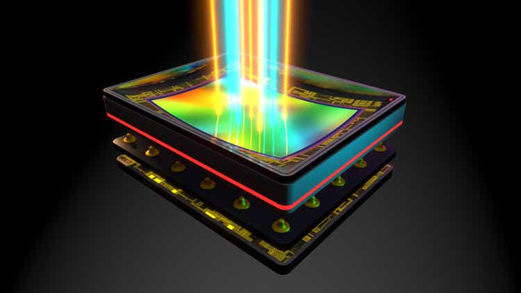 Curved sensor for digital camera, prototype 3D rendering, stacked: matrix, magnetic bender, memory, processor