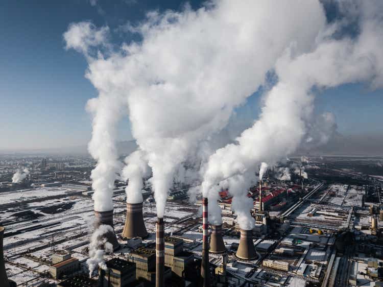 Aerial view of coal-fired power plant in winter