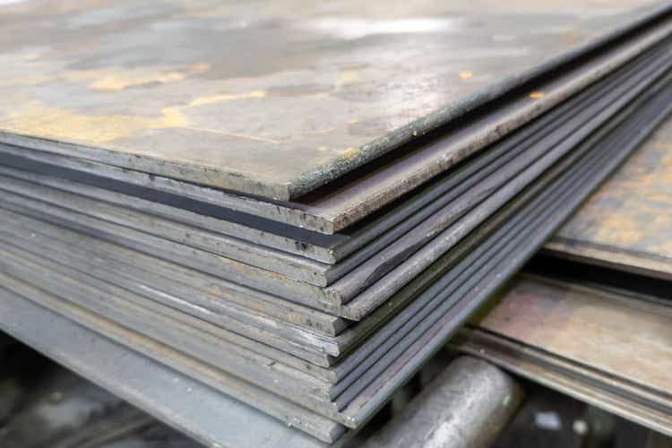 thick hot rolled steel sheets stack corner, close-up