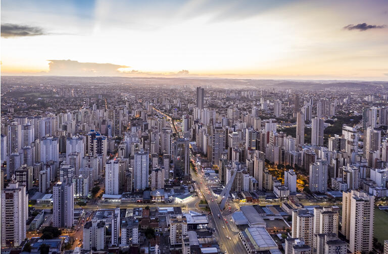 sunset with buildings in the western sector of Goiania, Goiás, Brazil,