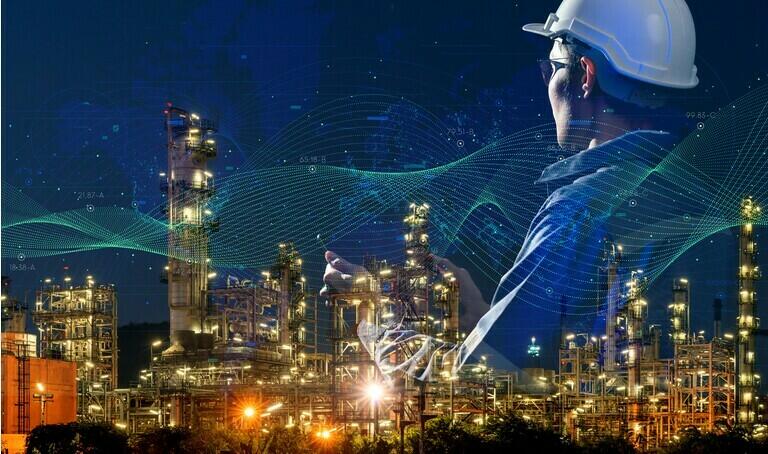 engineer oil gas energy plant industry night light background, power energy and sustainable resource environment technology