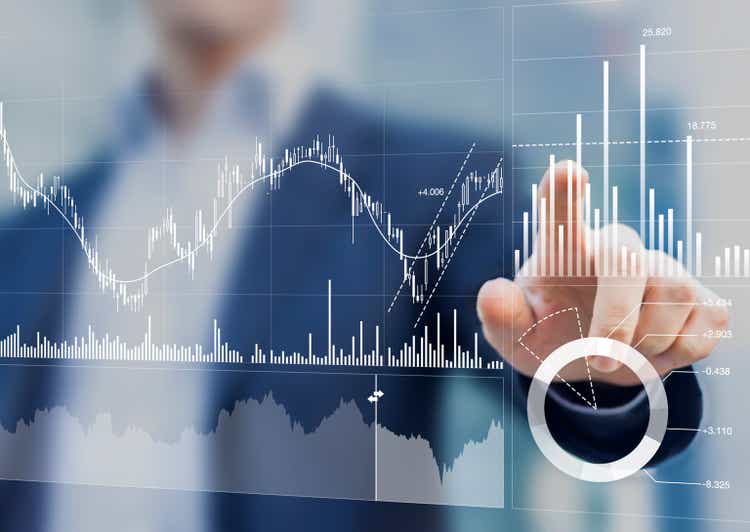 Financial portfolio and asset managers analyze investment statistics and indicators on trading product dashboards. Business and financial strategy. Data analysis for stock market investing.