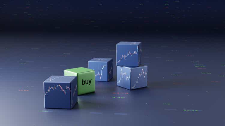 Stock market in the form of cubes with the image of stock quotes and the word buy on a digital abstract background. 3d rendering.