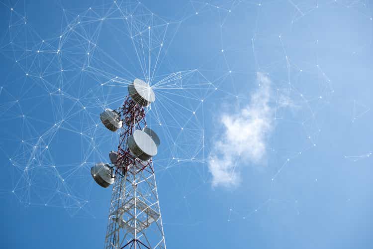 Telecommunication tower with mesh dots, glittering particles for wireless telecommunication technology