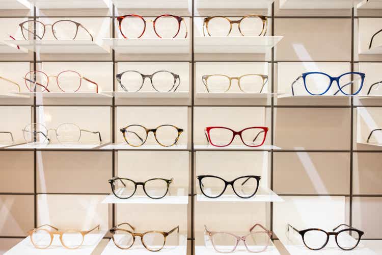 Rack with different eyeglasses frames in optical store