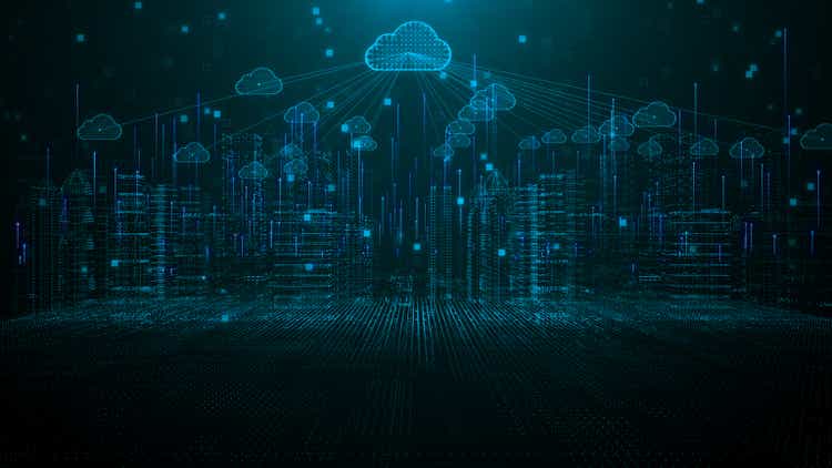 Smart city of cloud computing using artificial intelligence. Futuristic technology internet and big data 5g connection. Cybersecurity digital data background