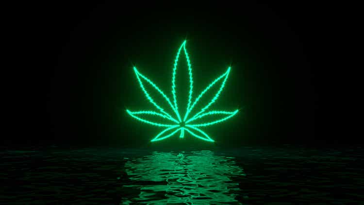 Glowing green neon cannabis weed marijuana leaf with reflections on water surface. Abstract background, waves, ultraviolet, spectrum vibrant colors. 3d render illustration