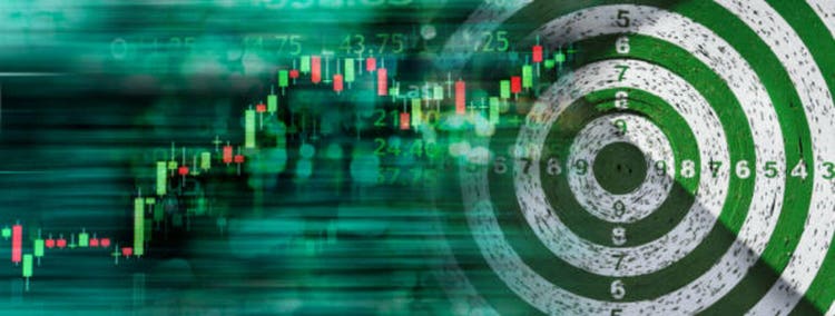 market stock graph with green dart board in business goal banner background