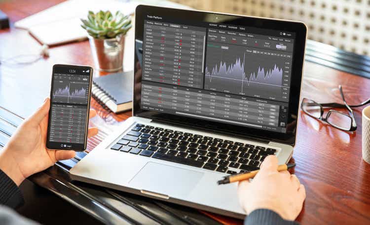 Trade platform, forex trading. Stock exchange market analysis on laptop screen