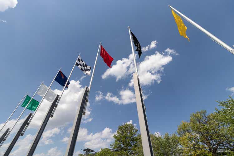 The seven racing flags at Indianapolis Motor Speedway. IMS ran the Indy 500 without fans due to COVID concerns.