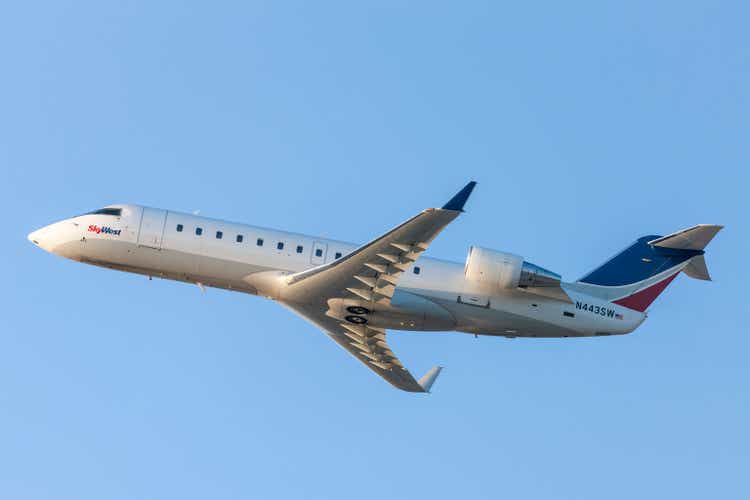 A SkyWest Airlines Bombardier CL-600 takes off from Los Angeles International Airport.