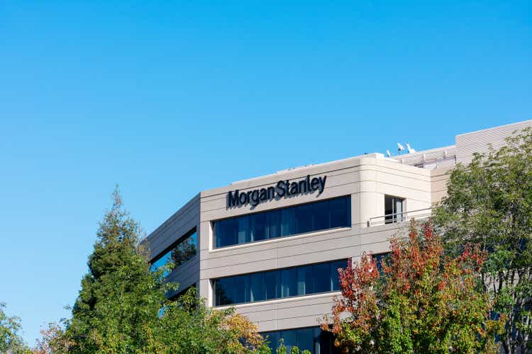 Morgan Stanley sign, logo on office building. Morgan Stanley is an American multinational investment bank and financial services company. - San Jose, California, USA - 2020