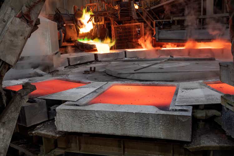 View of the copper smelting in the factory. Smelting is a process of applying heat to ore in order to extract a base metal. It is a form of extractive metallurgy.