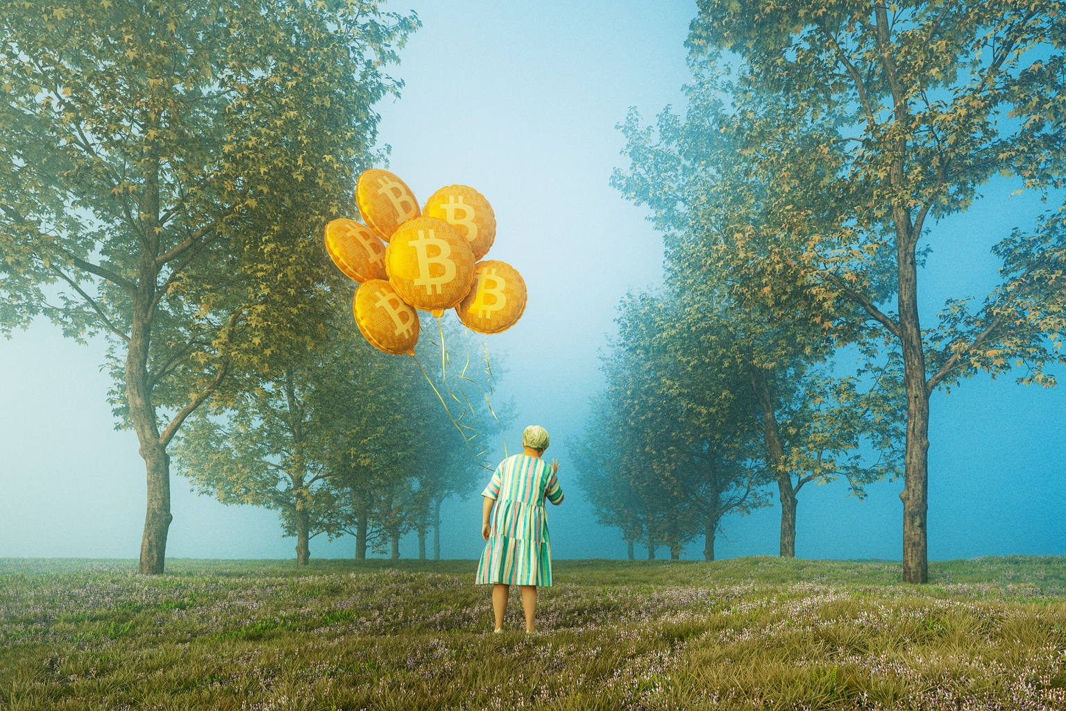 Senior woman holding bitcoin balloons