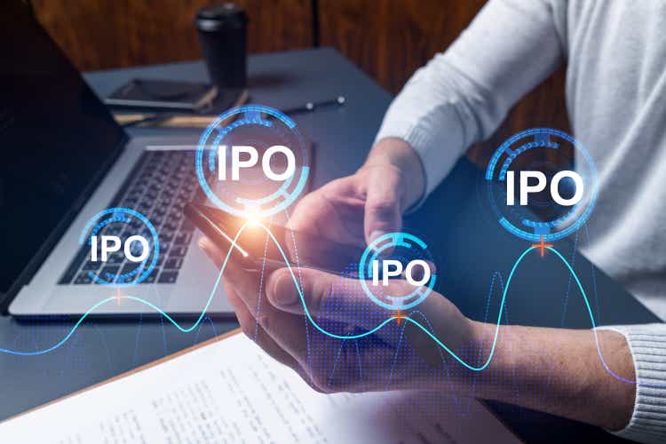 Man using phone. Hands typing smartphone. Double exposure with ipo hologram. Close up. Financial graph and analysis concept. Investment.