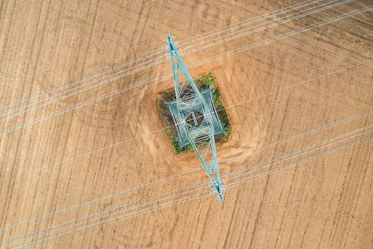 Power transmission tower seen from a drone