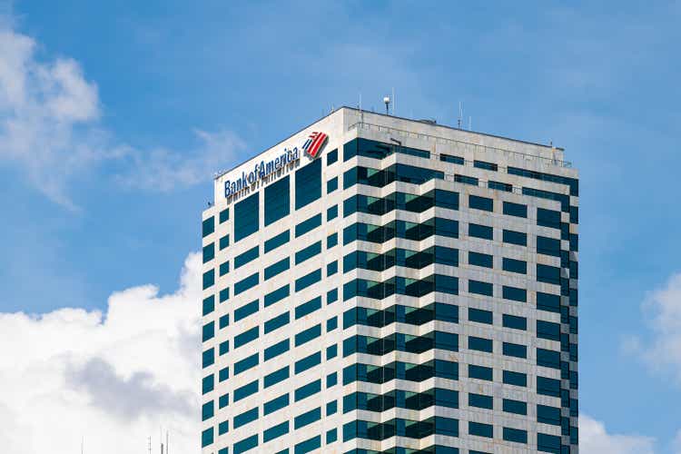 Bank of America Florida skyscraper tower corporate office building with logo sign isolated against blue cloudy sunny sky