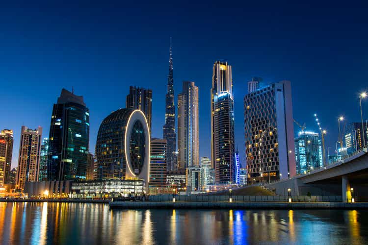 Dubai skyline view from the Marasi marina in city Business bay downtown area in the UAE