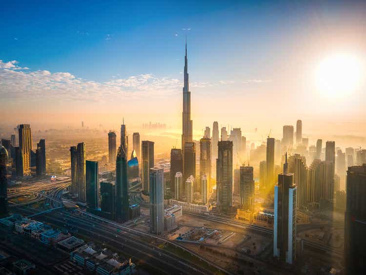 Aerial skyline of downtown Dubai filled with modern skyscrapers in the UAE