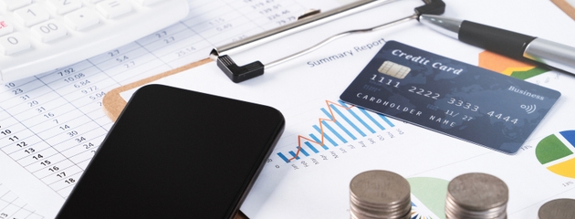 Design concept of annual summary analysis report, paying with electronic device.