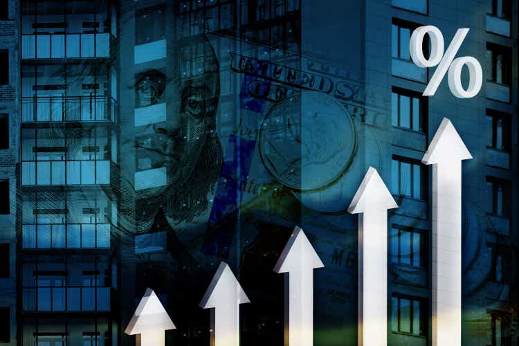 3d arrows and percent sign on a background of a building under construction and US banknotes. Concept of growth of financial and mortgage rates, profits in construction industry.