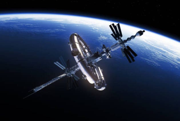 Big Space Station Orbiting Blue Planet Earth