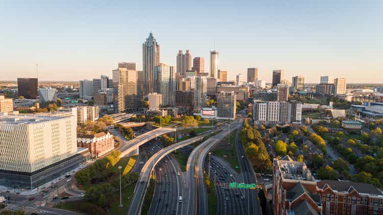 Aerial shot over the downtown connector during sunset.