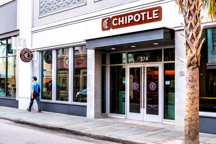 Chipotle restaurant sign in historic old town of South Carolina French quarter on King street with people