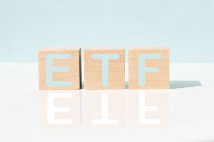 ETF word made of wooden cubes on a white background , business concept