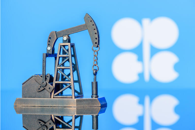 Petroleum, petrodollar and crude oil concept : Pump jack and flag of OPEC or Organization of Oil Exporting Countries