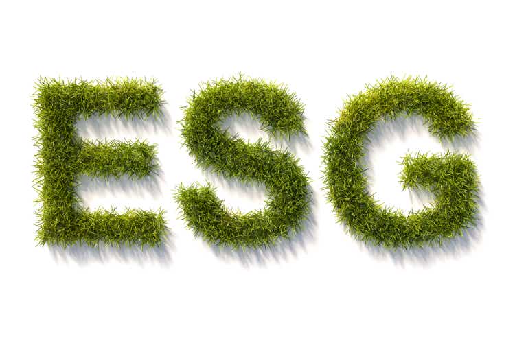 Green grass letters ESG isolated and white with shadows. Concept for ESG (environment social governance) standards in investing.