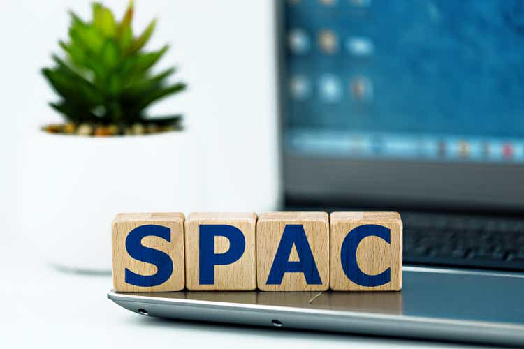 photo on spac (special purpose acquisition company) theme. wooden cubes with the abbreviation "spac", on the background of laptop and succulent. business concept image