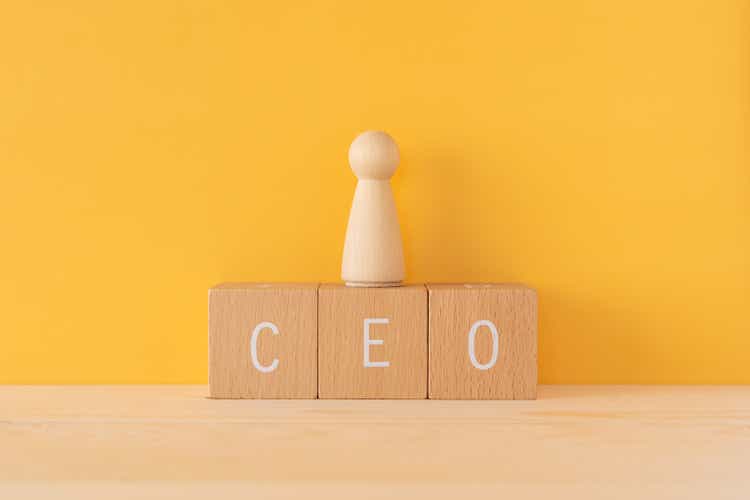 CEO; Three wooden blocks with "CEO" text of concept and a human toy.