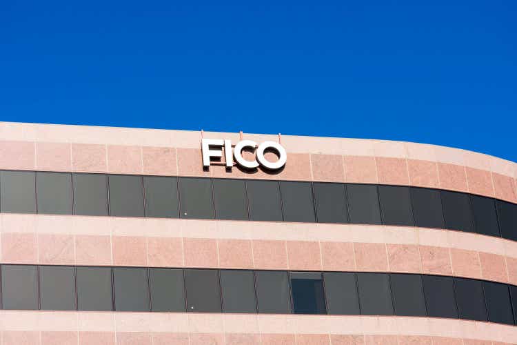 FICO logo sign on headquarters facade of Fair Isaac Corporation FICO in Silicon Valley.