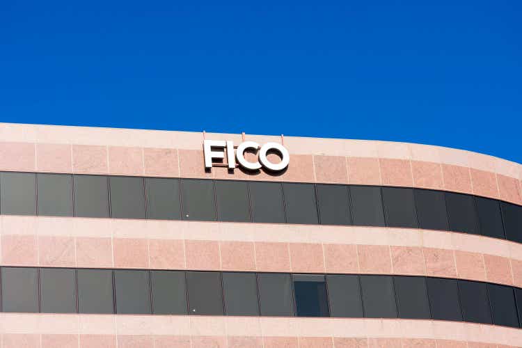 The FICO logo in front of Fair Isaac Corporation's FICO headquarters in Silicon Valley.