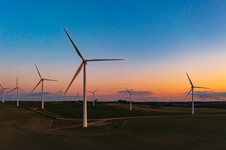 Drone view of a wind farm. Multiple wind turbines