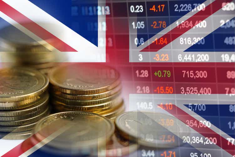 Stock market investment trading financial, coin and United Kingdom England flag or Forex for analyze profit finance business trend data background.
