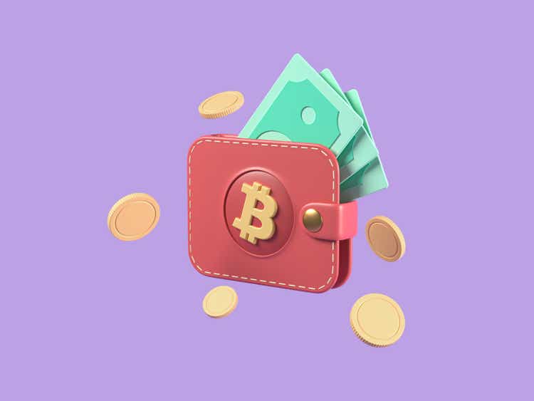 Brown bitcoin wallet with coins and cash isolated on purple background. online shop, finance, banks, money-saving, cashless society concept. 3d render illustration