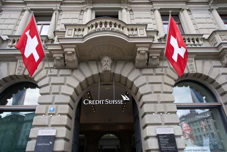 Entrance of Credit Suisse. bank building.