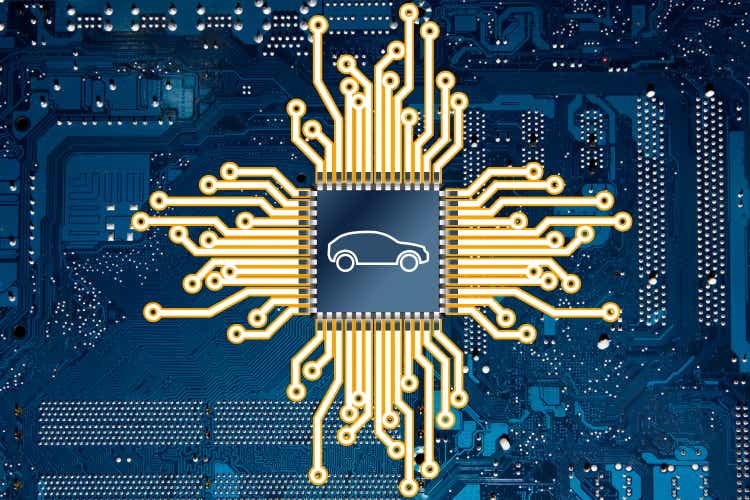 An illustration representing a computer circuit board and a car chip.