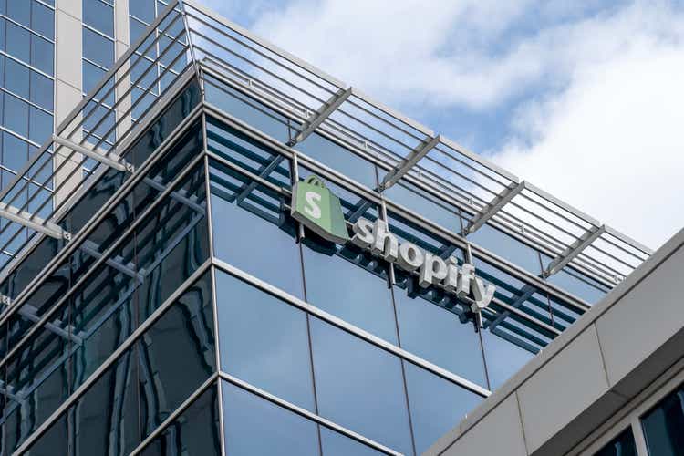 Shopify sign on their headquarters building in Ottawa, Ontario, Canada